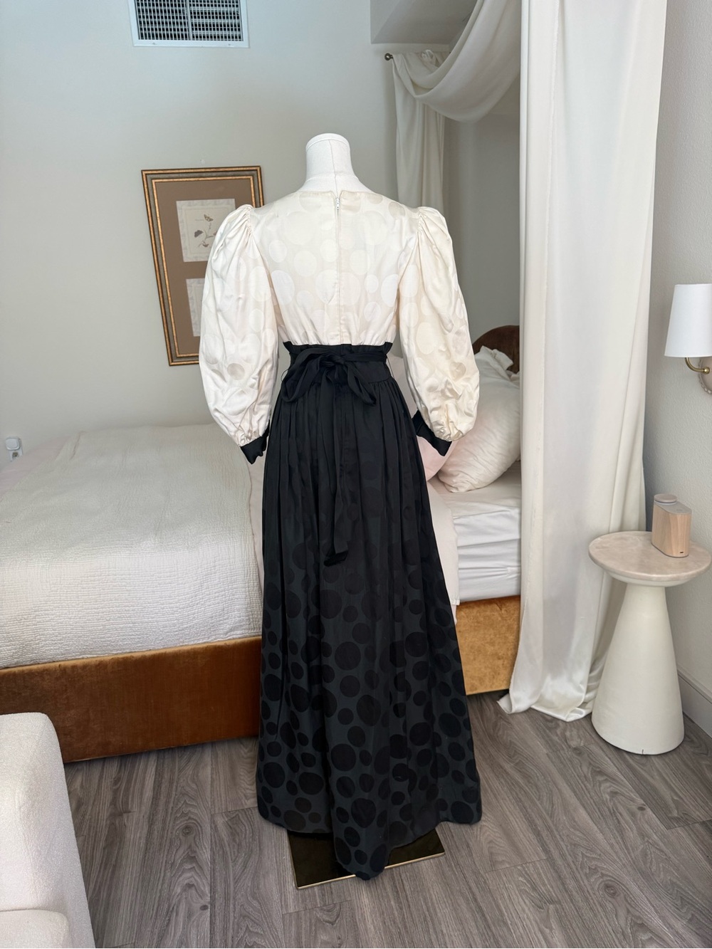 Vintage 80s Michael Novarese Black White Polka Dot Ball Gown Rosette Puff Sleeve - Picture 6 of 10